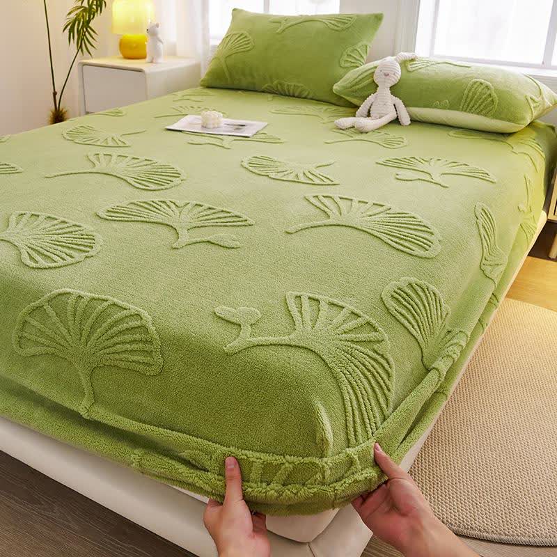 Warmes Spannbettlaken aus Ginkgoblatt-Fleece - Grün - Laken mit 2 Kissenbezügen - 200cm x 230cm - image 1