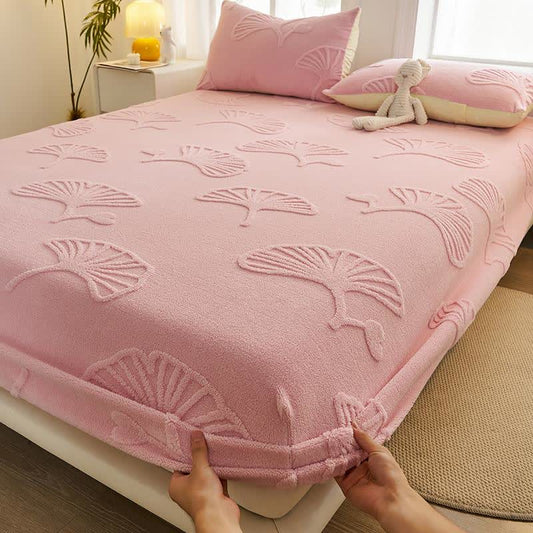 Warmes Spannbettlaken aus Ginkgoblatt-Fleece - Rosa - Laken mit 2 Kissenbezügen - 200cm x 230cm - image 0