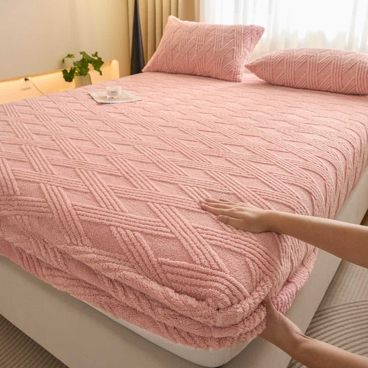 Warmes Spannbettlaken aus gestreiftem Rautenfleece - Rosa - Laken mit 2 Kissenbezügen - 200cm x 230cm - image 0