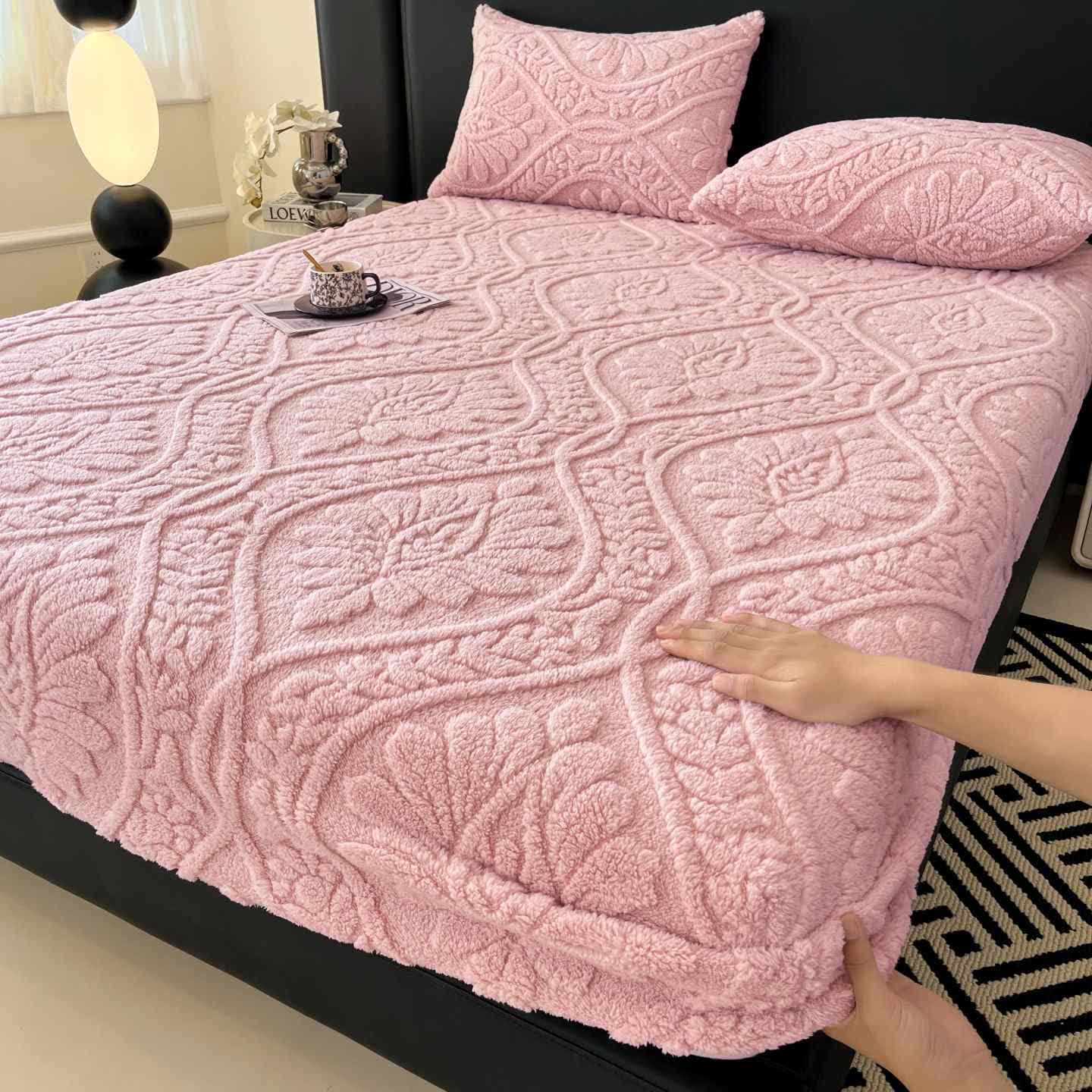 Warmes Spannbettlaken aus Fleece mit Wellenmuster und Blumenmuster - Rosa - Laken mit 2 Kissenbezügen - 200cm x 230cm - image 0