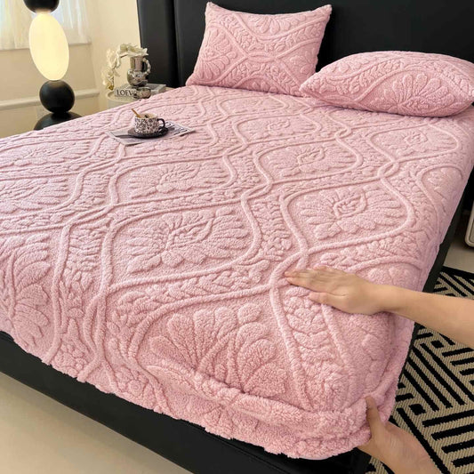 Warmes Spannbettlaken aus Fleece mit Wellenmuster und Blumenmuster - Rosa - Laken mit 2 Kissenbezügen - 200cm x 230cm - image 0