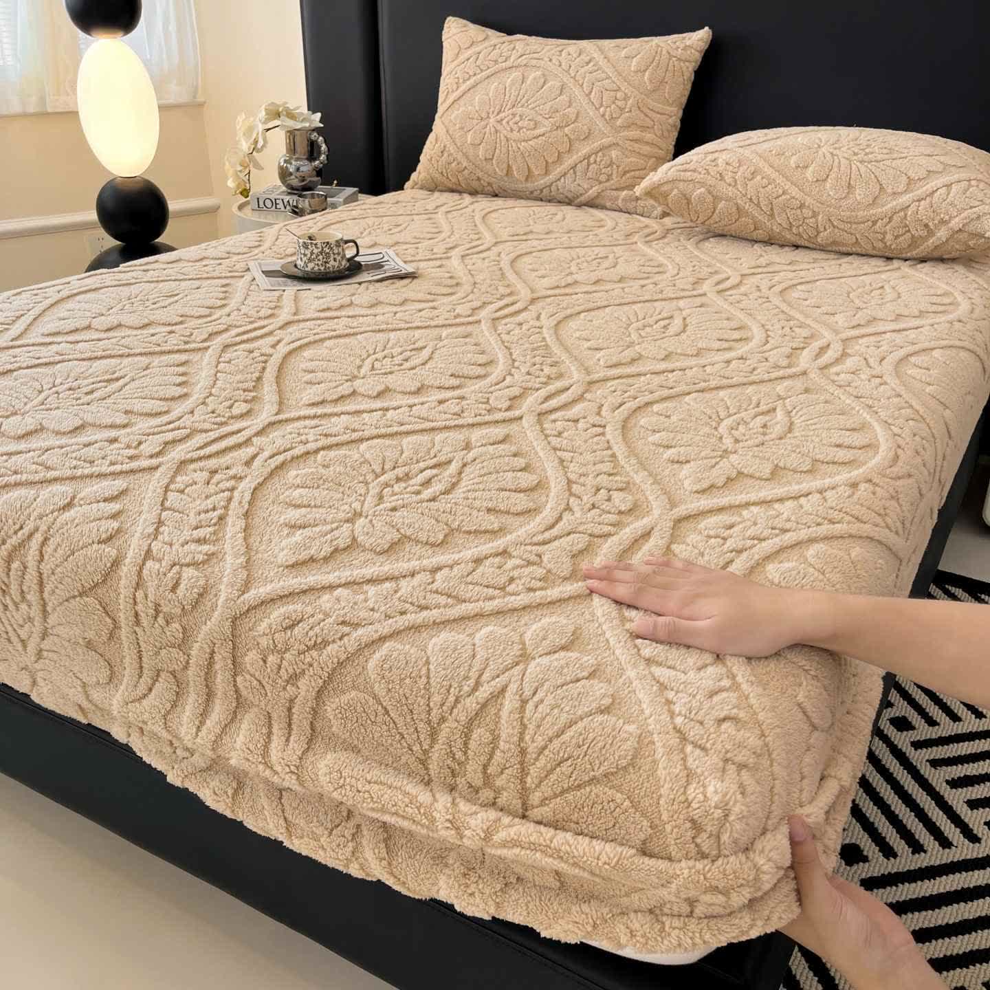 Warmes Spannbettlaken aus Fleece mit Wellenmuster und Blumenmuster - Kaffee - Laken mit 2 Kissenbezügen - 200cm x 230cm - image 1