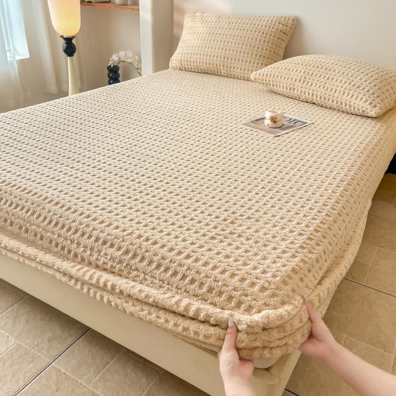 Warmes Spannbettlaken aus Fleece mit Waffelstruktur - Khaki - Laken mit 2 Kissenbezügen - 200cm x 230cm - image 1