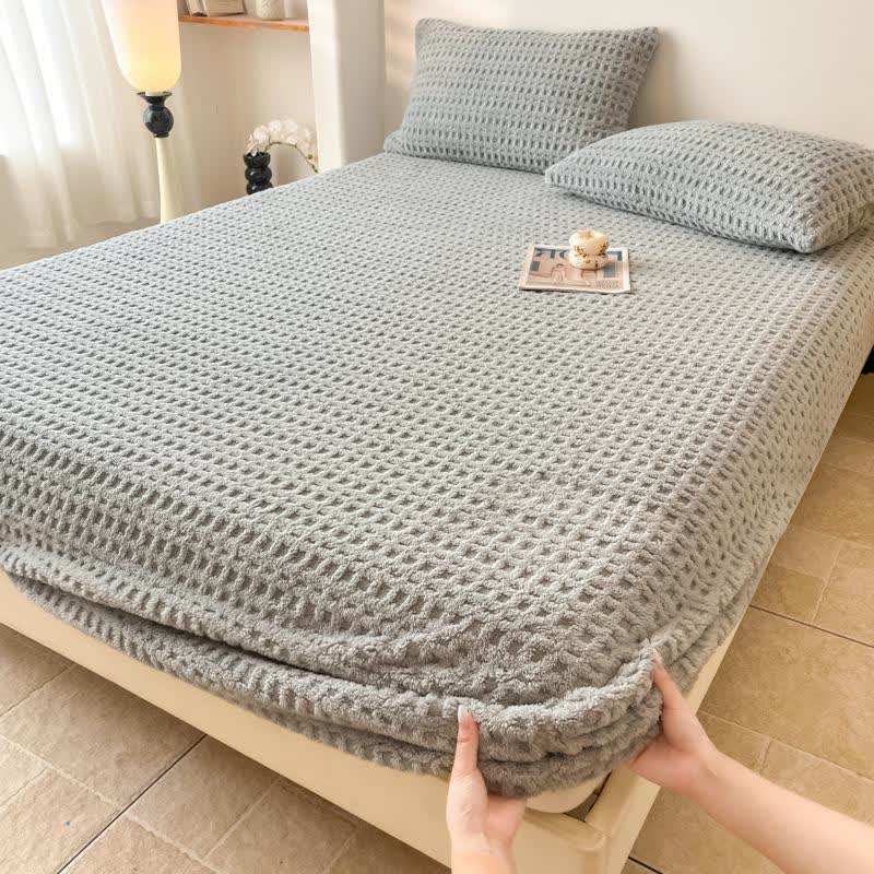 Warmes Spannbettlaken aus Fleece mit Waffelstruktur - Hellgrau - Laken mit 2 Kissenbezügen - 200cm x 230cm - image 10