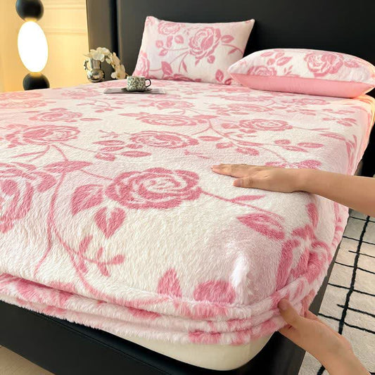 Warmes Spannbettlaken aus Fleece mit rosa Rosen - 2 Kissenbezüge - 48cm x 74cm - image 0