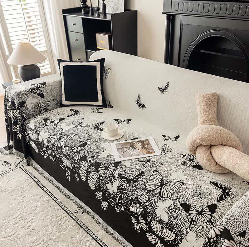 Verträumte Schmetterlings-Chenille-Sofa-Überwurfdecke - Schwarz - 180cm x 340cm - image 2