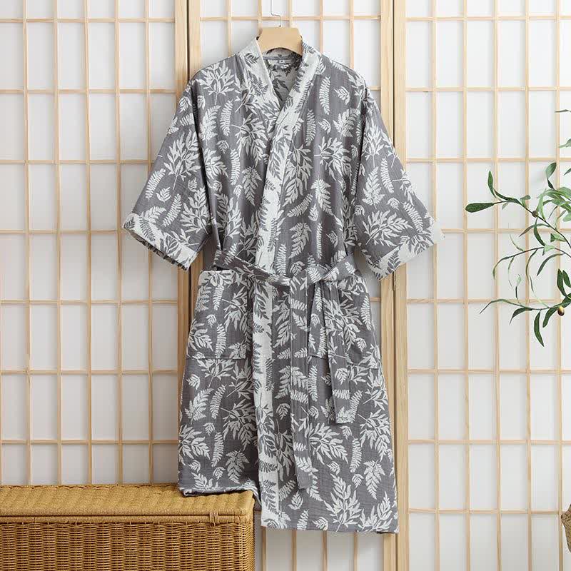 Blatt-Baumwollgaze-Kimono-Yukata-Robe - Grau - XL - image 5