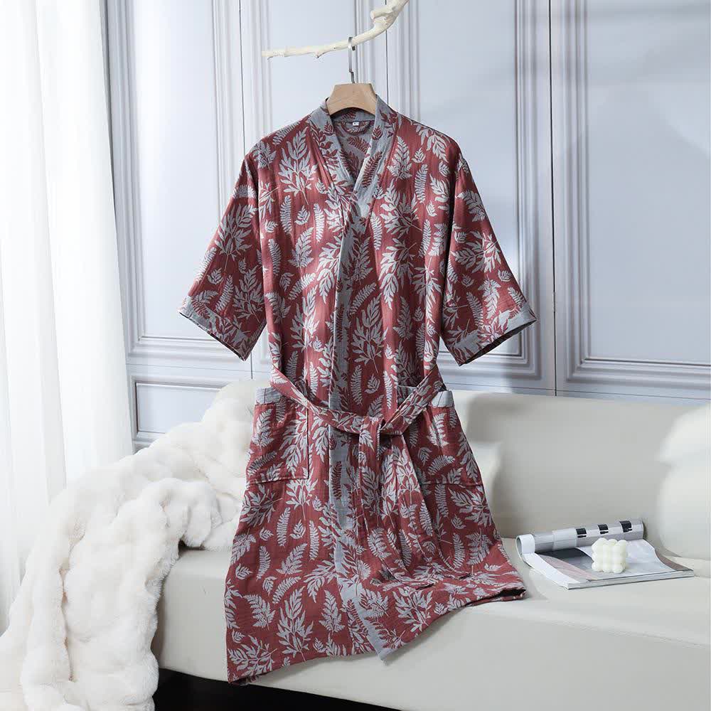 Blatt-Baumwollgaze-Kimono-Yukata-Robe - Wein - XL - image 9