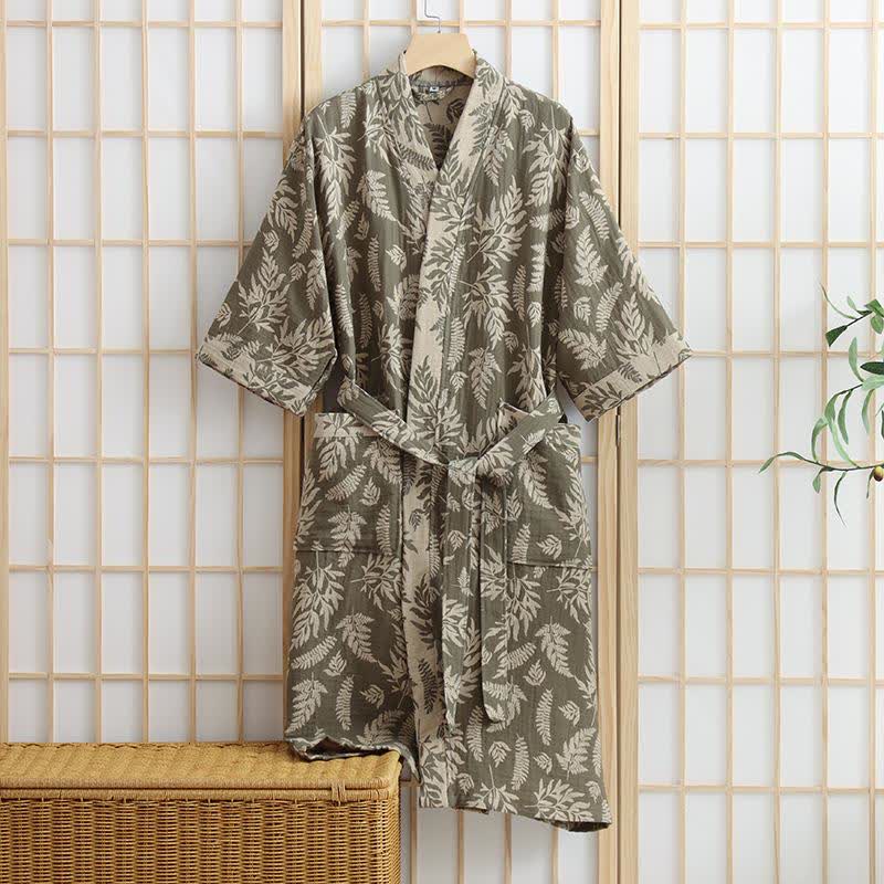 Blatt-Baumwollgaze-Kimono-Yukata-Robe - Grün - XL - image 7