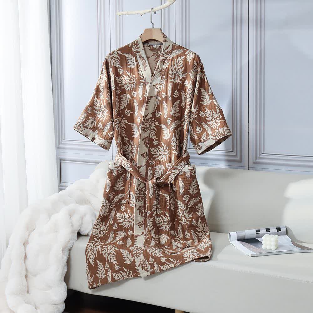 Blatt-Baumwollgaze-Kimono-Yukata-Robe - Kaffee - XL - image 10