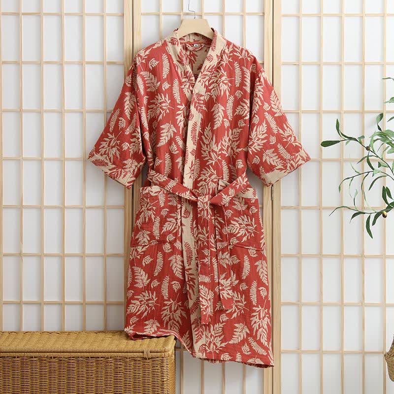Blatt-Baumwollgaze-Kimono-Yukata-Robe - Orange Rot - XL - image 0