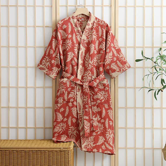 Blatt-Baumwollgaze-Kimono-Yukata-Robe - Orange Rot - XL - image 0