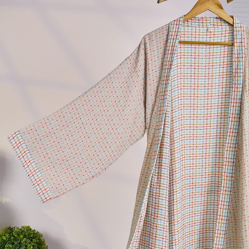 Bunter Kimono-Bademantel aus Baumwollgaze mit Gingham-Muster - image 1