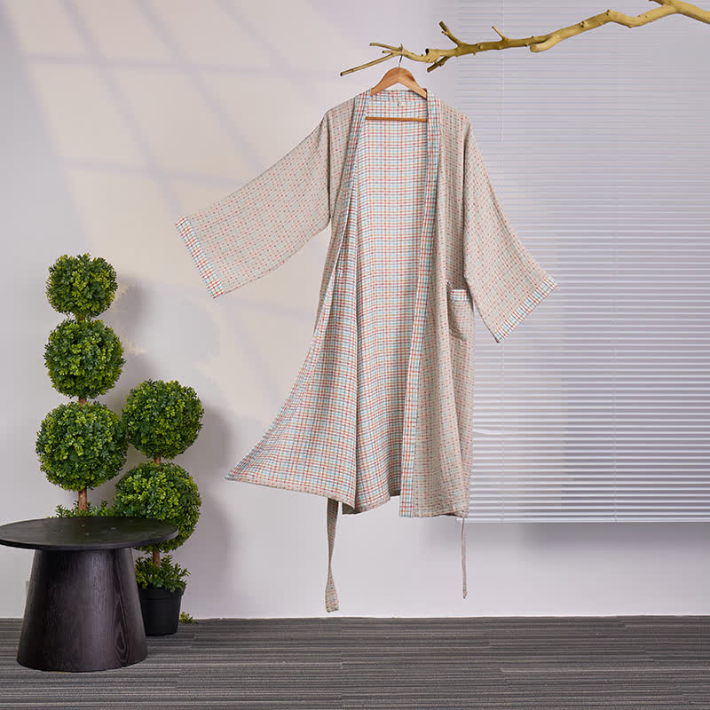 Bunter Kimono-Bademantel aus Baumwollgaze mit Gingham-Muster - XXL - image 0