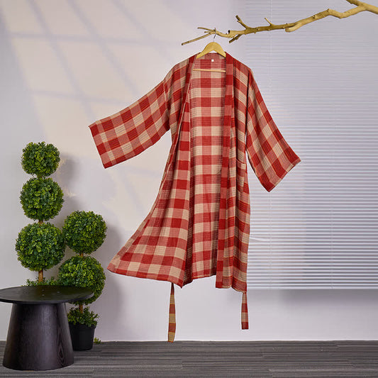 Klassischer karierter Kimono-Bademantel aus Baumwollgaze - Rot - XXL - image 0