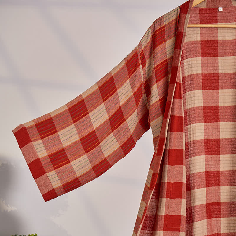 Klassischer karierter Kimono-Bademantel aus Baumwollgaze - image 1
