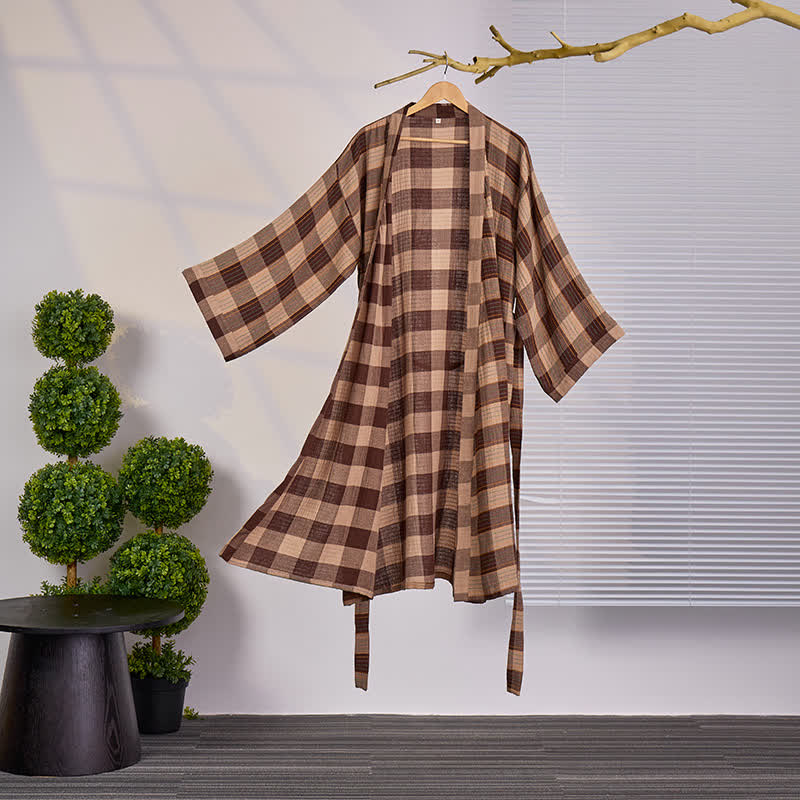 Klassischer karierter Kimono-Bademantel aus Baumwollgaze - Kaffee - XXL - image 5