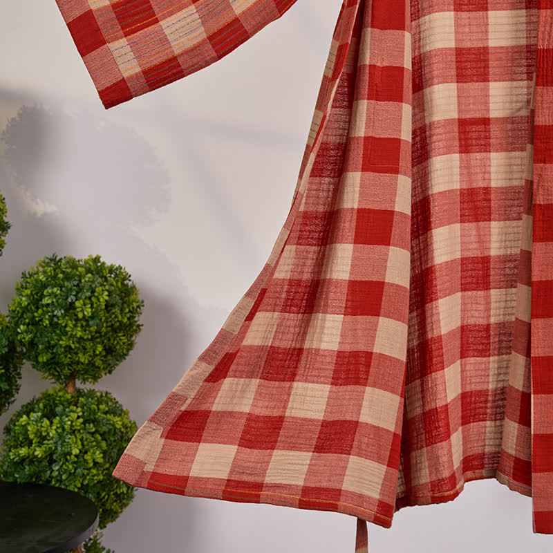 Klassischer karierter Kimono-Bademantel aus Baumwollgaze - image 2