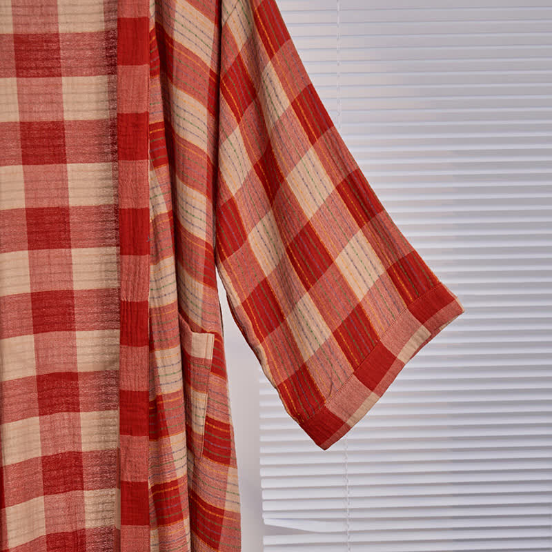 Klassischer karierter Kimono-Bademantel aus Baumwollgaze - image 3