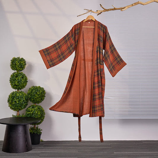 Vintage Karierte Baumwoll-Gaze-Kimono-Robe - XXL - image 0