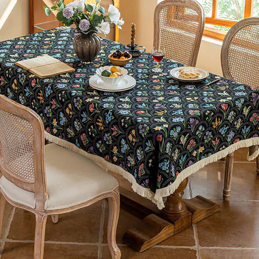 Vintage Tischdecke mit Quaste und blühendem Blumenstrauß - Schwarz - 140cm x 260cm - image 0