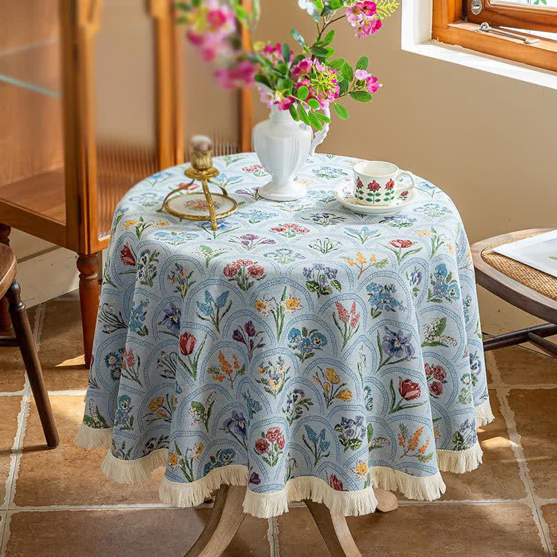 Vintage Tischdecke mit Quaste und blühendem Blumenstrauß - Blau - Rund 140cm - image 11