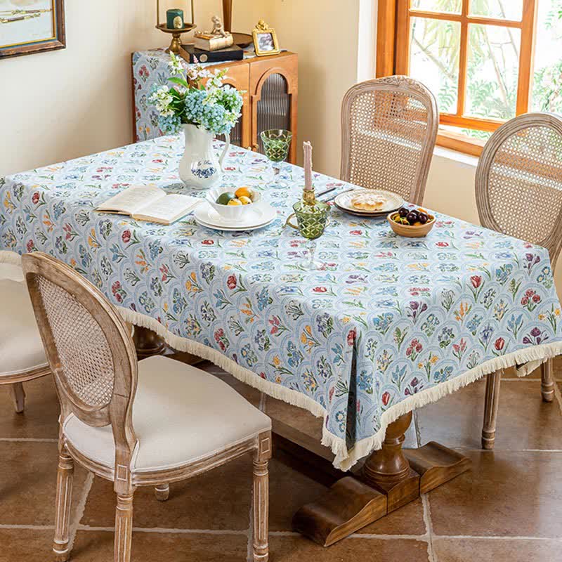 Vintage Tischdecke mit Quaste und blühendem Blumenstrauß - Blau - 140cm x 260cm - image 9