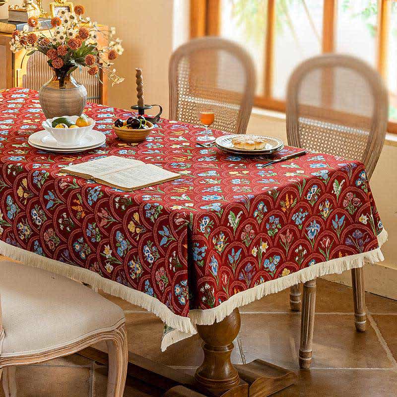 Vintage Tischdecke mit Quaste und blühendem Blumenstrauß - Rot - 140cm x 260cm - image 3