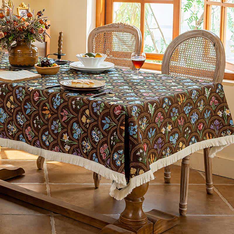 Vintage Tischdecke mit Quaste und blühendem Blumenstrauß - Braun - 140cm x 260cm - image 6