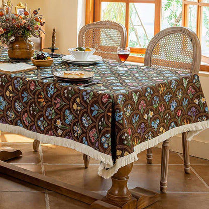 Vintage Tischdecke mit Quaste und blühendem Blumenstrauß - Braun - 140cm x 260cm - image 6