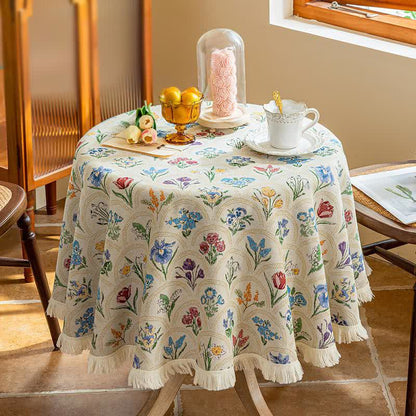 Vintage Tischdecke mit Quaste und blühendem Blumenstrauß - Beige - Rund 140cm - image 16