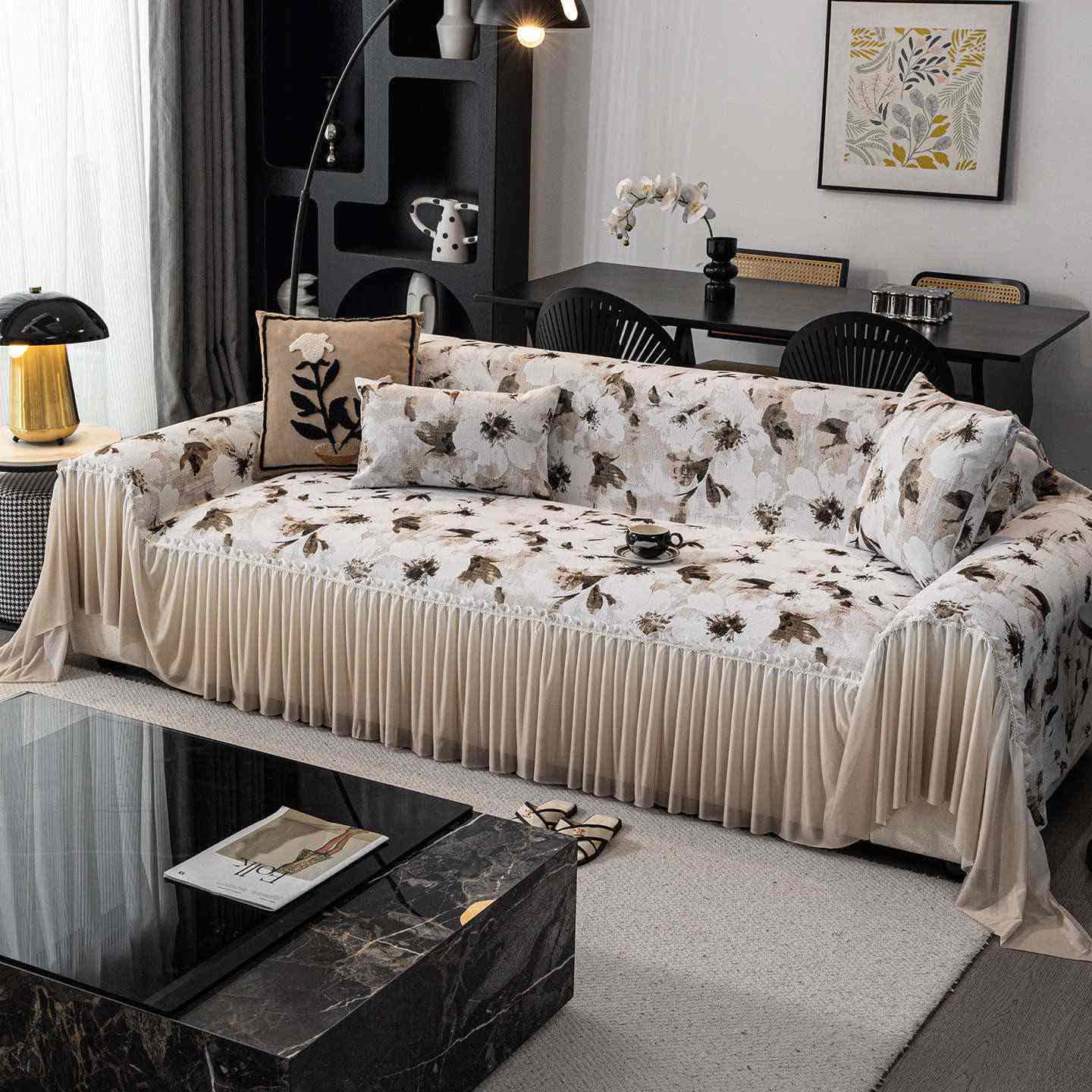 Sofabezug mit Tuschemuster und Rock - Braun - 180cm x 340cm - image 5