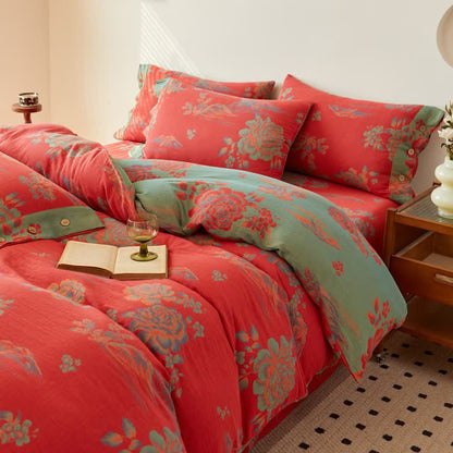 Luxuriöse Bettwäsche aus Baumwollgaze im Jacquard-Stil mit Pfingstrosenmotiv - image 1