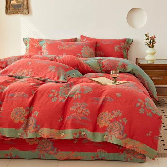 Luxuriöse Bettwäsche aus Baumwollgaze im Jacquard-Stil mit Pfingstrosenmotiv - Bettwäsche-Set - 220cm x 240cm - image 0