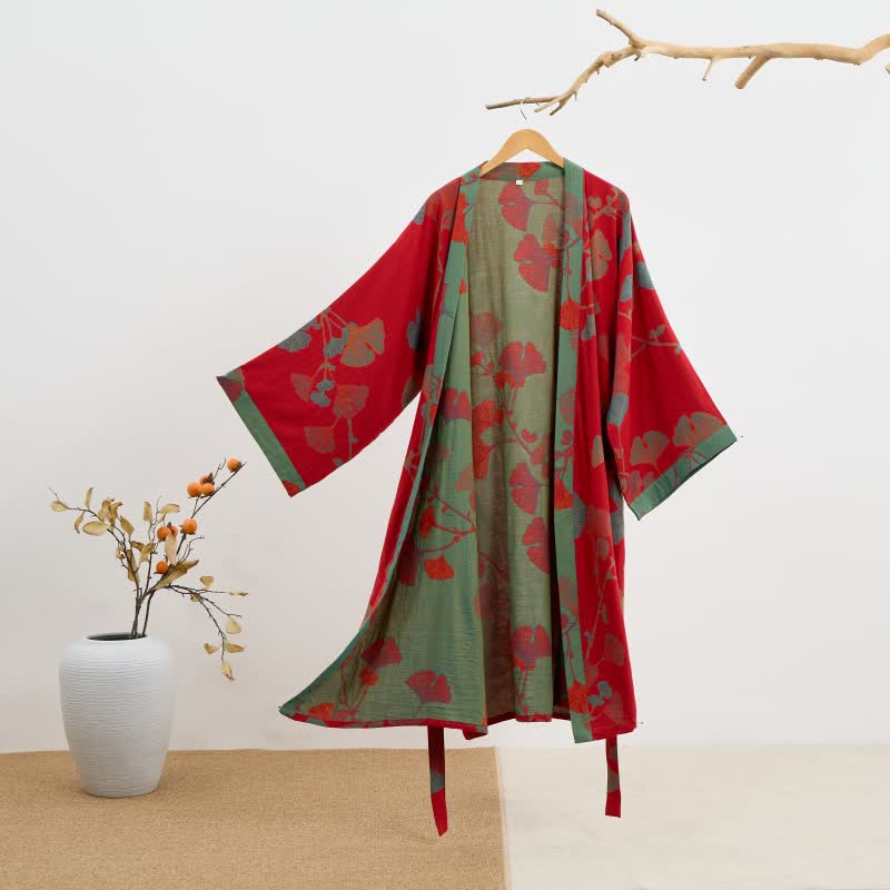 Kimono-Bademantel aus Bio-Baumwolle mit Ginkgoblatt - Rot & Grün - 2XL - image 11