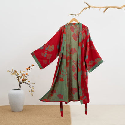Kimono-Bademantel aus Bio-Baumwolle mit Ginkgoblatt - Rot & Grün - 2XL - image 11