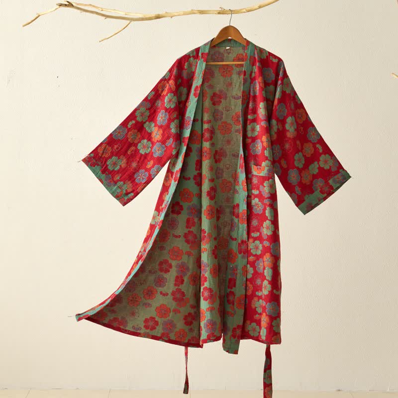 Kimono-Bademantel aus Baumwollgaze mit Pflaumenblüten-Print - Rot - XL - image 0