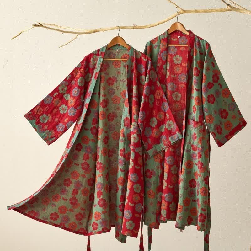 Kimono-Bademantel aus Baumwollgaze mit Pflaumenblüten-Print - image 1