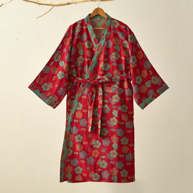 Kimono-Bademantel aus Baumwollgaze mit Pflaumenblüten-Print - image 2