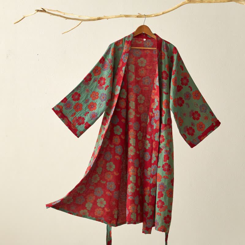 Kimono-Bademantel aus Baumwollgaze mit Pflaumenblüten-Print - Grün - XL - image 10
