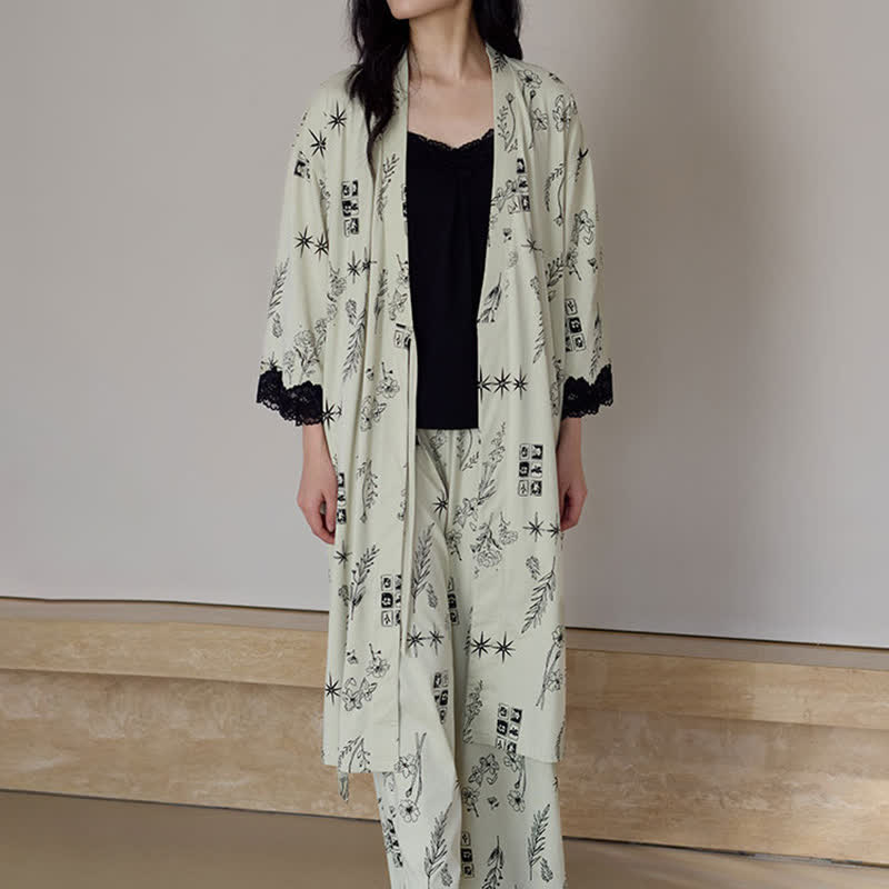 Schwarzes Pyjama-Set mit Blumenblattmuster (3-teilig) - image 0
