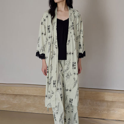Schwarzes Pyjama-Set mit Blumenblattmuster (3-teilig) - image 0