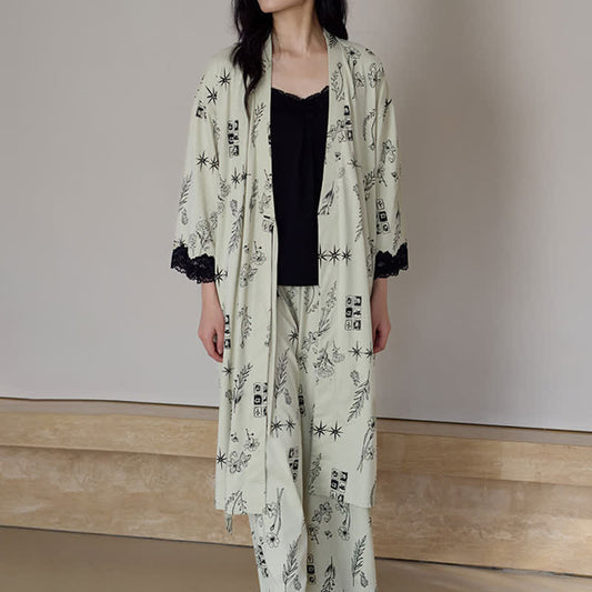 Schwarzes Pyjama-Set mit Blumenblattmuster (3-teilig) - image 0