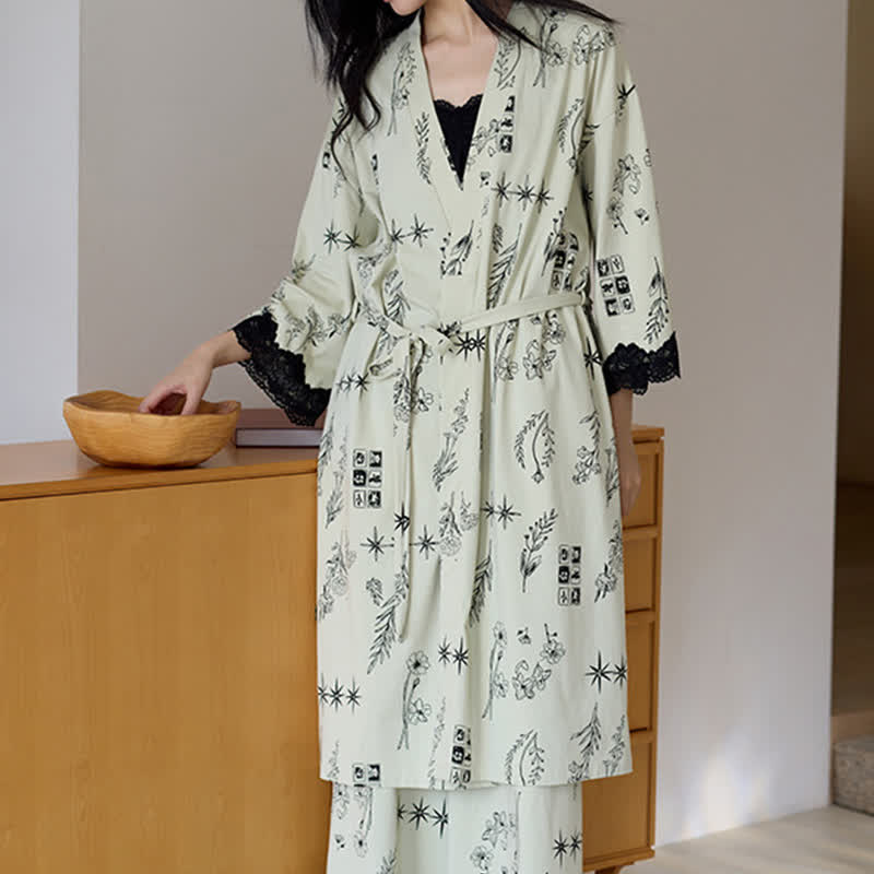 Schwarzes Pyjama-Set mit Blumenblattmuster (3-teilig) - image 3