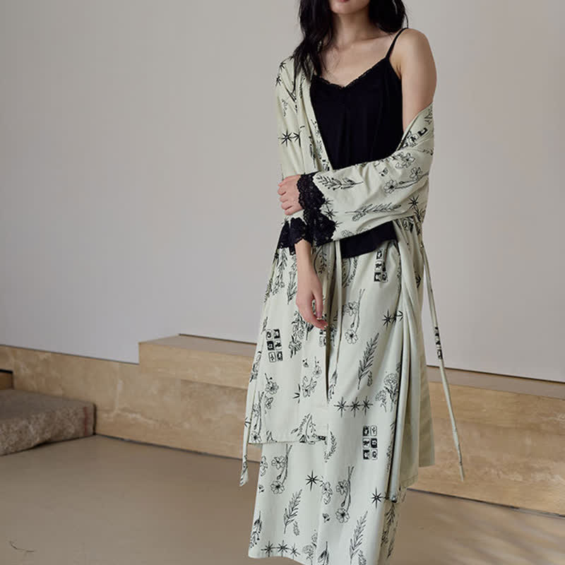 Schwarzes Pyjama-Set mit Blumenblattmuster (3-teilig) - image 1