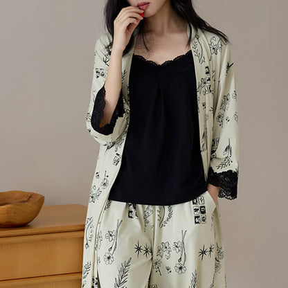 Schwarzes Pyjama-Set mit Blumenblattmuster (3-teilig) - image 7