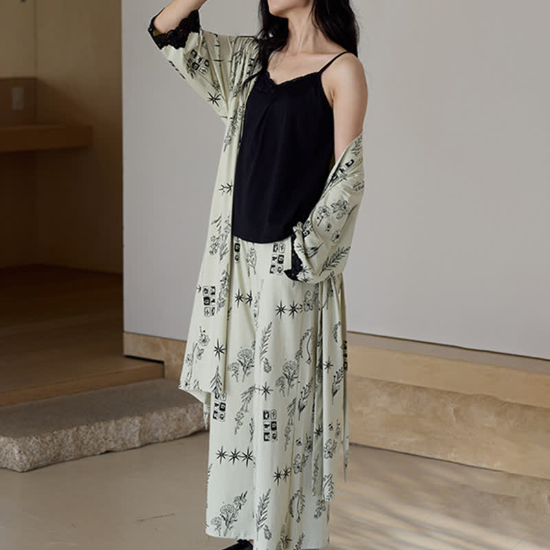 Schwarzes Pyjama-Set mit Blumenblattmuster (3-teilig) - image 2