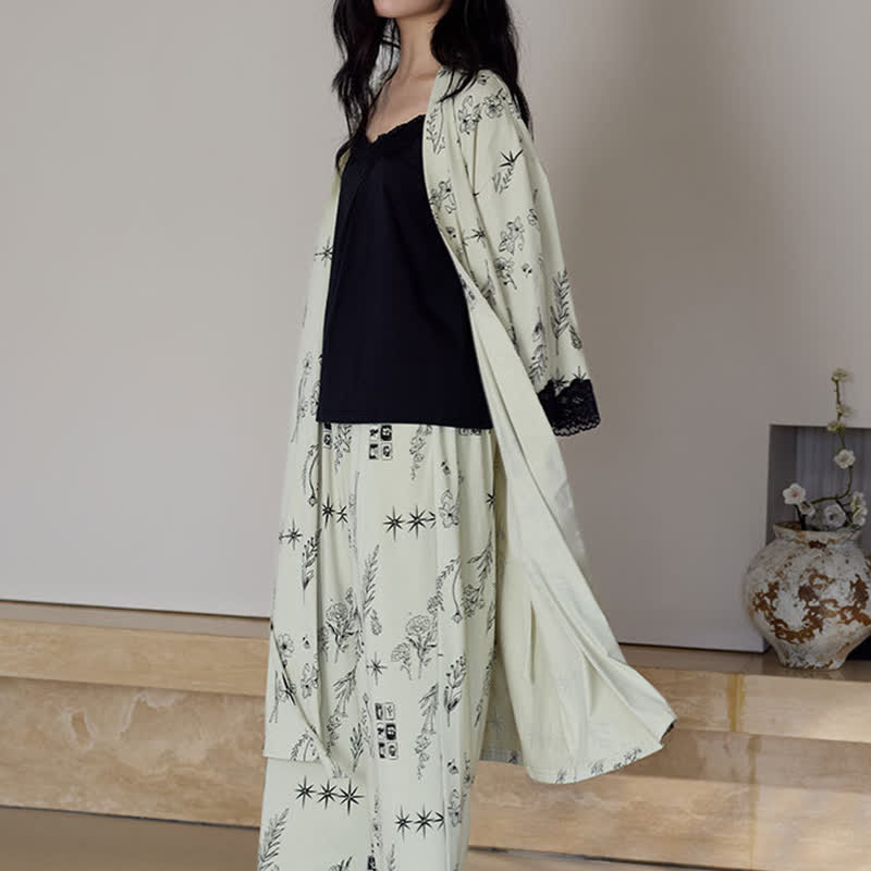 Schwarzes Pyjama-Set mit Blumenblattmuster (3-teilig) - image 4