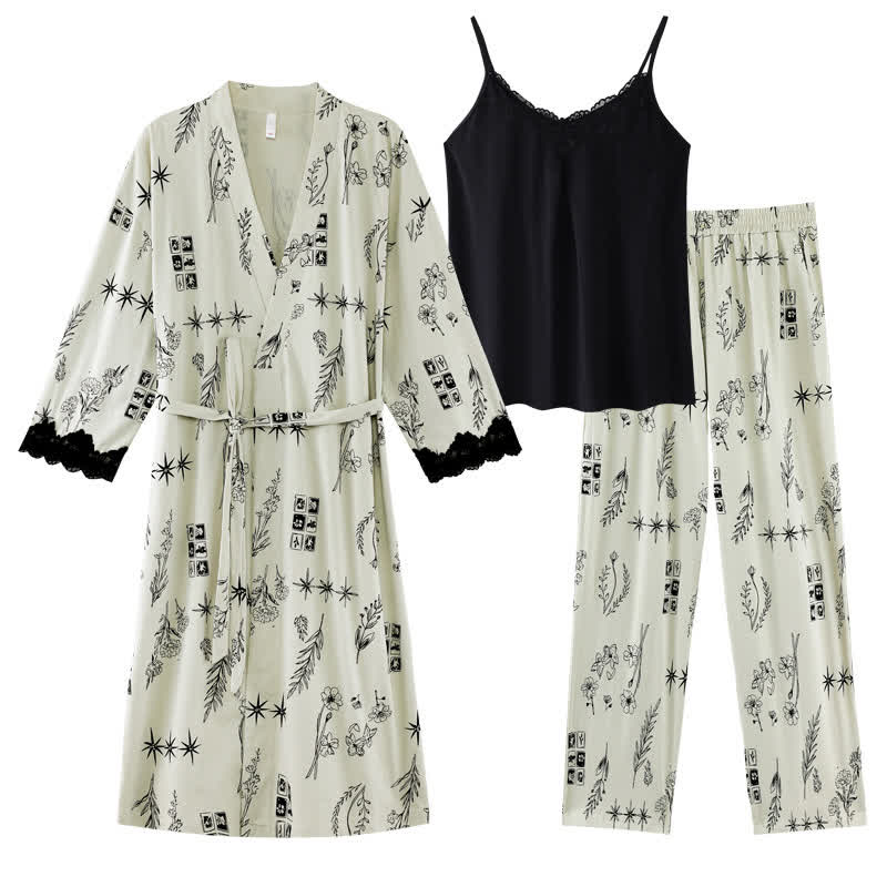 Schwarzes Pyjama-Set mit Blumenblattmuster (3-teilig) - XL - image 10