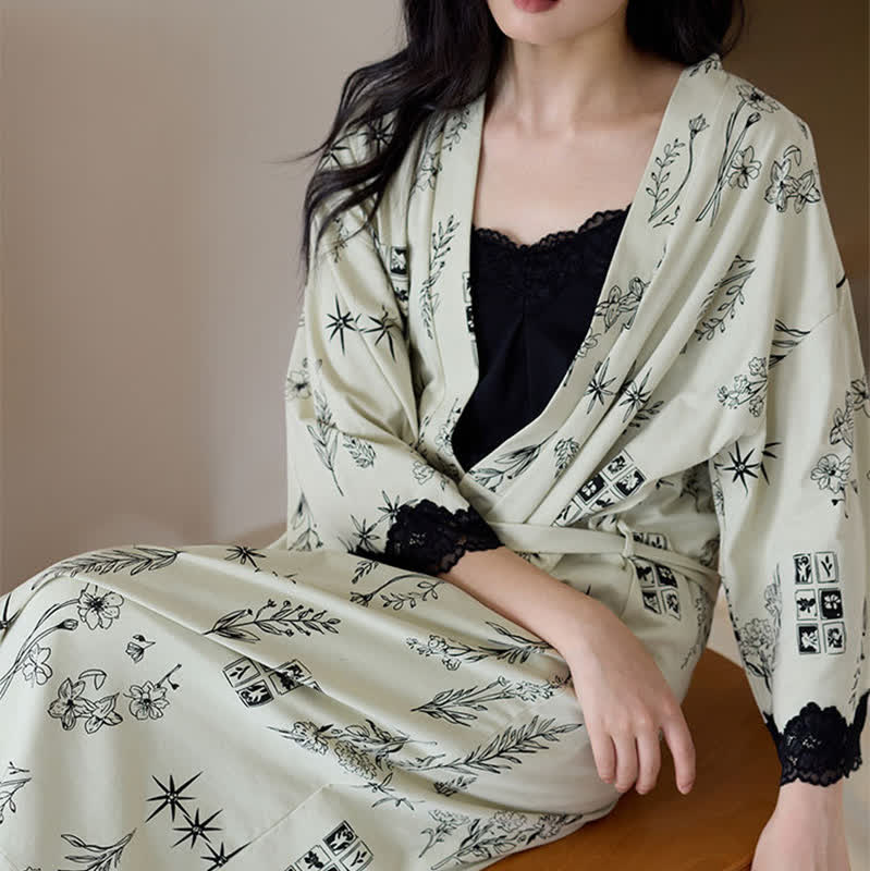 Schwarzes Pyjama-Set mit Blumenblattmuster (3-teilig) - image 9